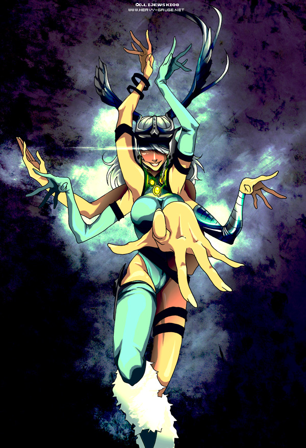 1girl arms_up asymmetrical_clothes asymmetrical_gloves bangle blank_eyes blush bracelet breasts extra_arms female_focus gloves gradient_background grin hair_over_one_eye head_wings helmet jewelry large_breasts long_hair marvel mismatched_gloves extra_arms multi_limb pointing pointing_at_viewer single_thighhigh smile solo spiral_(marvel) tagme thighhighs white_hair wings x-men