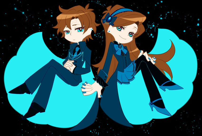 1boy 1girl akikurokawa aqua_eyes black_background black_footwear black_pantyhose black_shirt blue_bow blue_bowtie blue_footwear blue_gemstone blue_jacket blue_nails blue_necktie blue_pants blue_skirt bow bowtie brooch brother_and_sister brown_hair cape chibi constellation crescent crescent_pin crossed_legs dipper_gleeful dipper_pines earrings eyelashes facial_mark floating forehead_mark frilled_shirt_collar frilled_sleeves frills frown full_body gem gravity_falls hair_bow hands_on_own_stomach high_heels interlocked_fingers invisible_chair jacket jewelry long_hair long_sleeves mabel_gleeful mabel_pines miniskirt nail_polish necktie own_hands_together pants panty_&amp;_stocking_with_garterbelt pantyhose parody pleated_skirt reverse_falls_(gravity_falls) shirt shoes short_hair siblings sitting skirt smile twins two-sided_cape two-sided_fabric very_long_hair