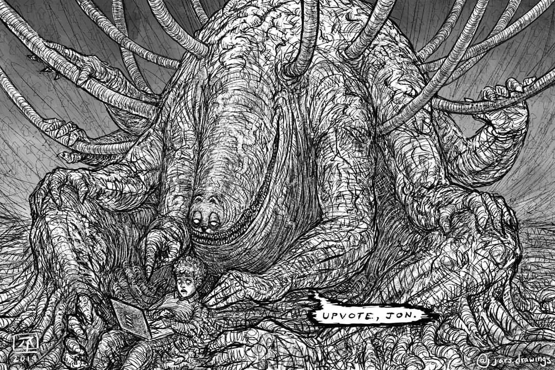 1boy 2019 animal_ears body_horror cat cat_ears commentary computer dated eldritch_abomination english_commentary english_text evil_smile extra_arms extra_hands garfield garfield_(character) greyscale horror_(theme) jon_arbuckle jr_(jarsarts) laptop monochrome no_pupils pointing smile speech_bubble tube white_eyes wire