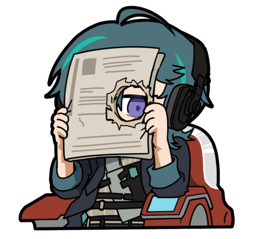 1boy artist_request black_hair black_hat black_jacket chibi chibi_only chinese_commentary girls&#039;_frontline girls&#039;_frontline_neural_cloud green_hair hat headphones hole_in_newspaper jacket lowres male_focus newspaper official_art one_eye_covered peeking second-party_source solo yuwang_(neural_cloud)