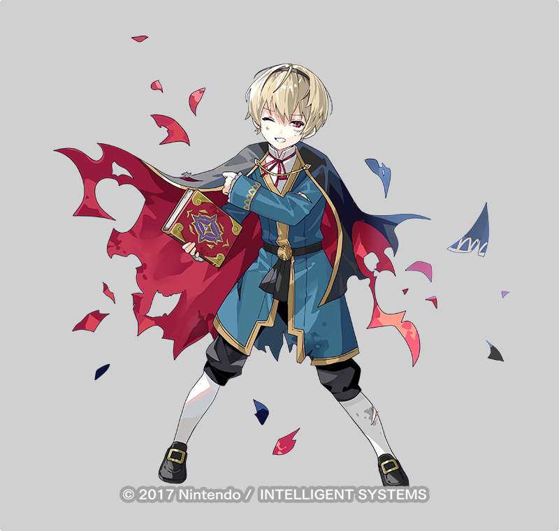 1boy aged_down bishounen black_cape blonde_hair book brown_eyes cape clenched_teeth copyright_notice damaged fire_emblem fire_emblem_fates fire_emblem_heroes grey_background holding holding_book leo_(fire_emblem_fates) leo_(young_sprout)_(fire_emblem_fates) male_focus multicolored_cape nintendo official_art red_cape simple_background socks solo teeth tiara tobi_(kotetsu) torn_cape torn_clothes white_socks
