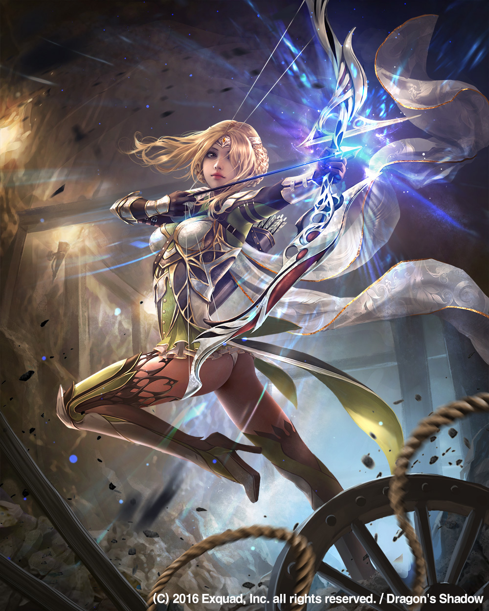 1girl arrow_(projectile) ass blonde_hair bow_(weapon) braid circlet copyright_name dragon&#039;s_shadow drawing_bow eudia_(serenity2200) female_focus frien_(dragon&#039;s_shadow) full_body glint glowing glowing_weapon hair_over_one_eye high_heels highres holding holding_bow_(weapon) holding_weapon indoors lantern mineshaft official_art quiver rock rope solo standing standing_on_one_leg thighhighs weapon wheel