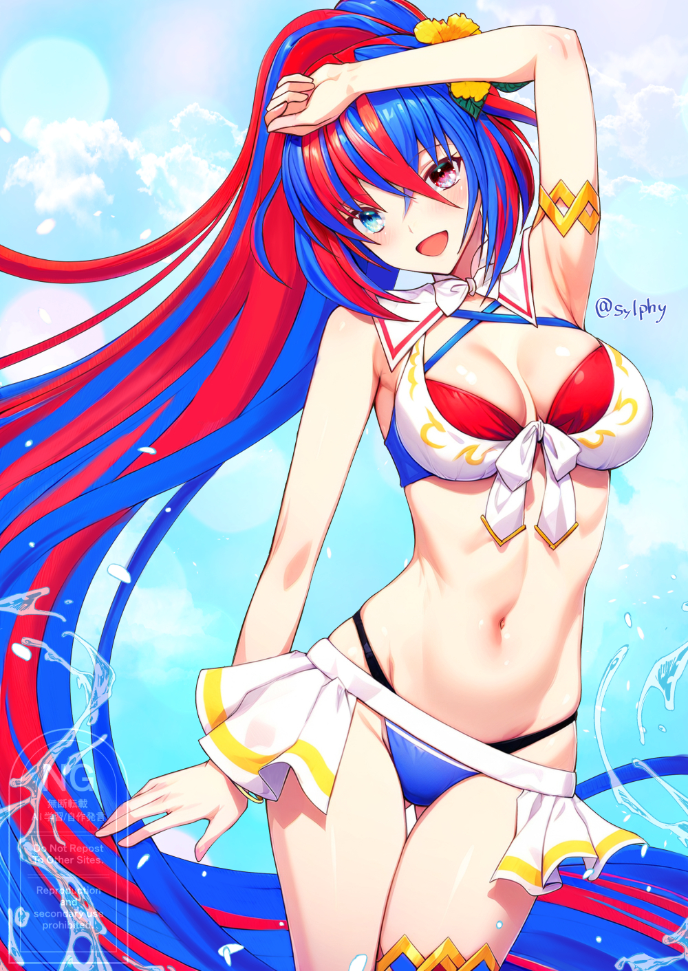 1girl :d bikini blue_bikini blue_eyes blue_hair breasts criss-cross_halter crossed_bangs female_alear_(fire_emblem) female_alear_(seaside_dragon)_(fire_emblem) fire_emblem fire_emblem_engage fire_emblem_heroes gluteal_fold gold_armlet gold_thighlet halterneck heterochromia highres long_hair medium_breasts multicolored_bikini multicolored_hair multicolored_swimsuit nintendo official_alternate_costume official_alternate_hairstyle open_mouth ponytail red_bikini red_eyes red_hair showgirl_skirt skindentation smile solo split-color_hair swimsuit sylphy_fe two-tone_hair very_long_hair white_bikini