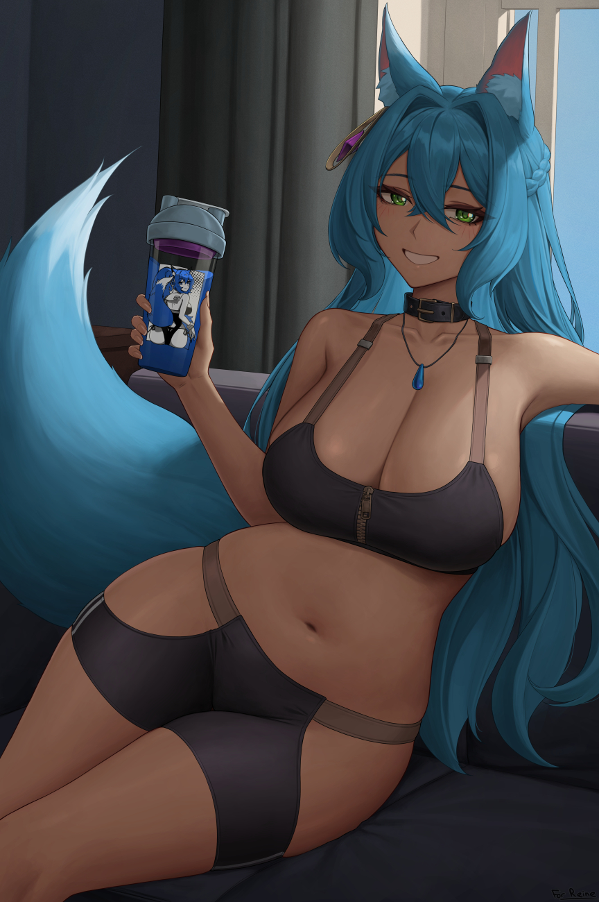 1girl animal_ear_fluff animal_ears bare_shoulders blue_hair blue_tail blush borrowed_character breasts cleavage collarbone fox_ears fox_girl fox_tail green_eyes grin highres large_breasts long_hair looking_at_viewer navel original sister_reine_(foxyreine) smile solo tail thighs zaphn