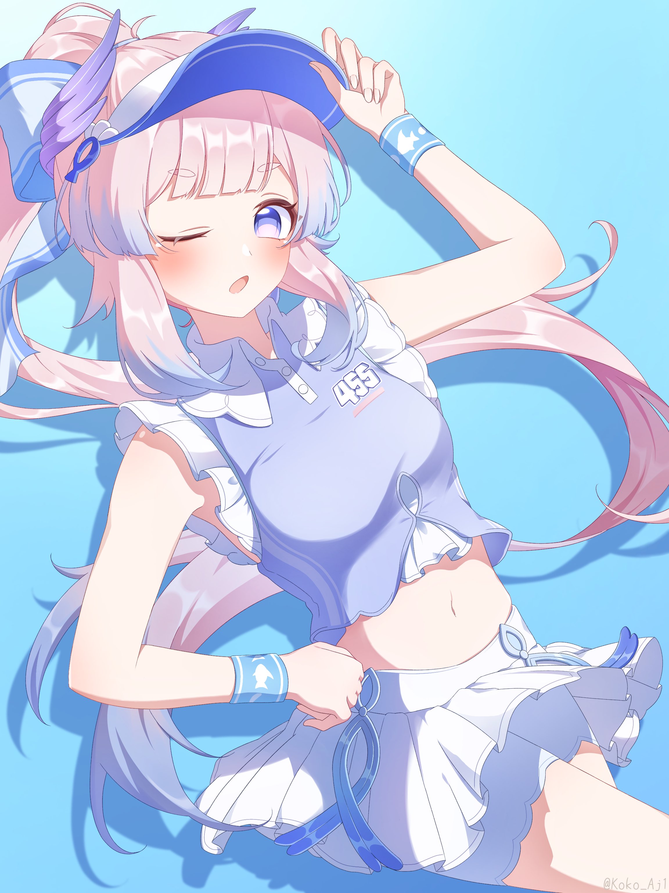1girl absurdres bare_shoulders bike_shorts bike_shorts_under_shorts blue_horns blue_shirt blunt_bangs blush breasts colored_bangs colored_tips genshin_impact highres horns kokoaji_(koko_aj1) long_hair looking_at_viewer medium_breasts midriff multicolored_hair navel official_alternate_costume one_eye_closed open_mouth pink_hair pleated_skirt ponytail purple_eyes sangonomiya_kokomi sangonomiya_kokomi_(pulse+) shirt shorts skirt sleeveless solo visor_cap wristband
