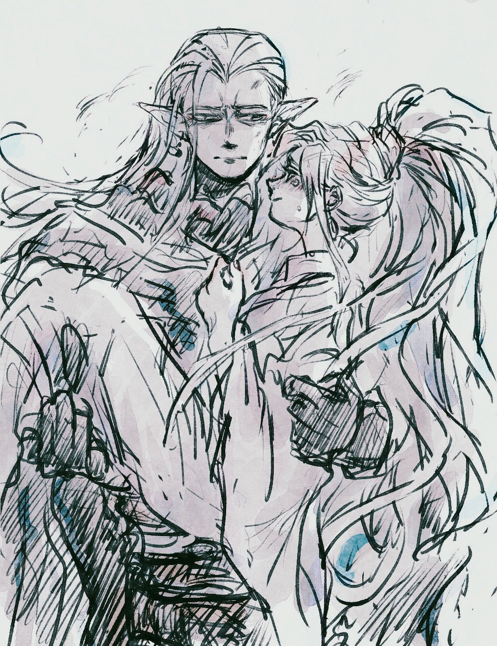 1boy 1girl amakekke brother_and_sister carrying chrono_trigger dress earrings furrowed_brow hair_slicked_back hair_tie highres jewelry light_smile long_dress long_hair long_sleeves magus_(chrono_trigger) pointy_ears princess_carry schala_zeal siblings sketch tears tooth_earrings wide_ponytail wide_sleeves