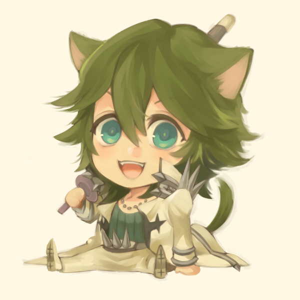 10s 1boy animal_ears bad_id bad_pixiv_id cat_ears cat_tail chibi green_hair kemonomimi_mode kill_la_kill male_focus mojya sanageyama_uzu shinai solo sword tail weapon
