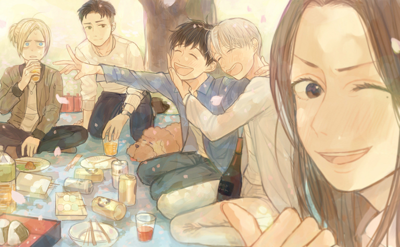 10s 1girl 4boys ^_^ beer_can black_hair blush bottle brown_hair can cherry_blossoms chopsticks closed_eyes cup dango dog drink_can drinking_glass drunk food green_eyes grey_eyes indian_style katsuki_yuuri makkachin mole mole_under_eye multiple_boys nita_(msre27) okukawa_minako one_eye_closed onigiri open_mouth otabek_altin petals picnic plate ponytail sanshoku_dango seiza silver_hair sitting smile viktor_nikiforov wagashi watch wine_bottle wristwatch yuri!!!_on_ice yuri_plisetsky