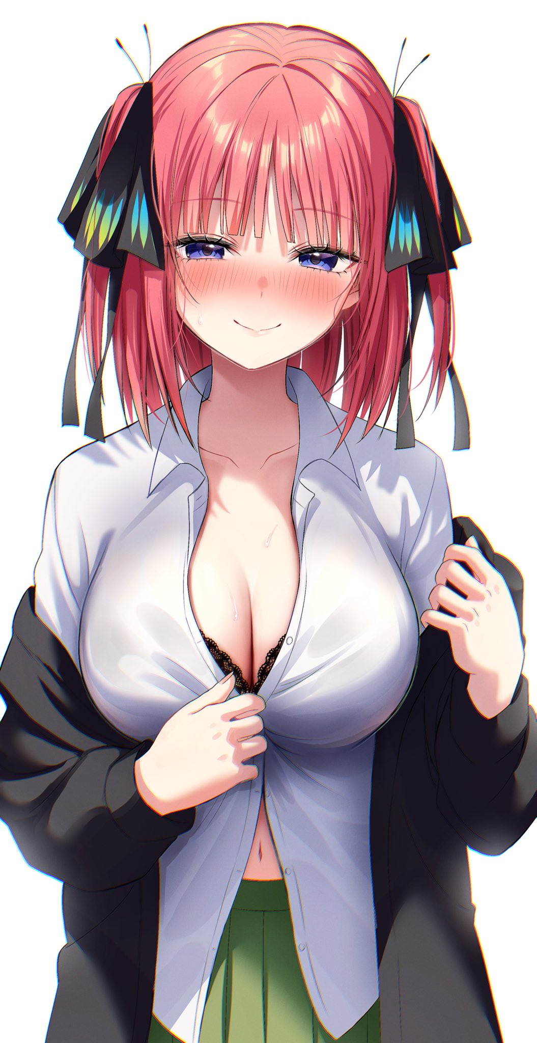 1girl black_bra black_cardigan black_ribbon blue_eyes blunt_bangs blush bra bra_peek breasts butterfly_hair_ornament cardigan cleavage closed_mouth commentary_request go-toubun_no_hanayome green_skirt hair_ornament hair_ribbon highres kurosaki_coco large_breasts long_sleeves looking_at_viewer nakano_nino navel open_cardigan open_clothes partially_unbuttoned pink_hair pleated_skirt ribbon school_uniform shirt skirt smile solo two_side_up underwear white_background white_shirt