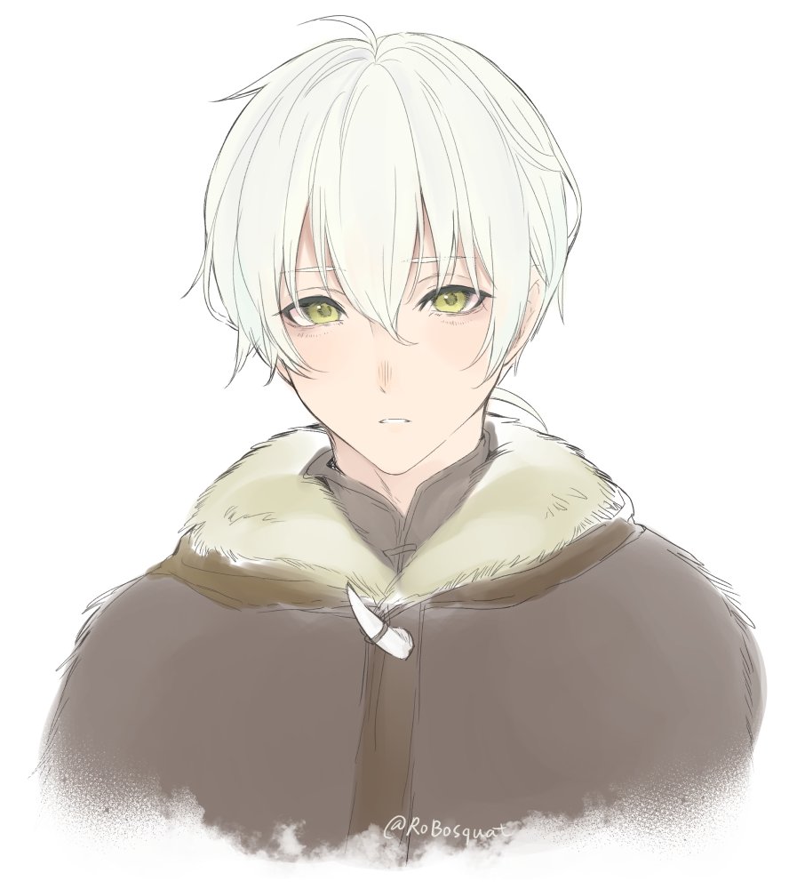 1boy carrot_(robosquat) cropped_torso fang fumetsu_no_anata_e fushi green_eyes looking_at_viewer male_focus parted_lips signature simple_background solo twitter_username white_background white_hair
