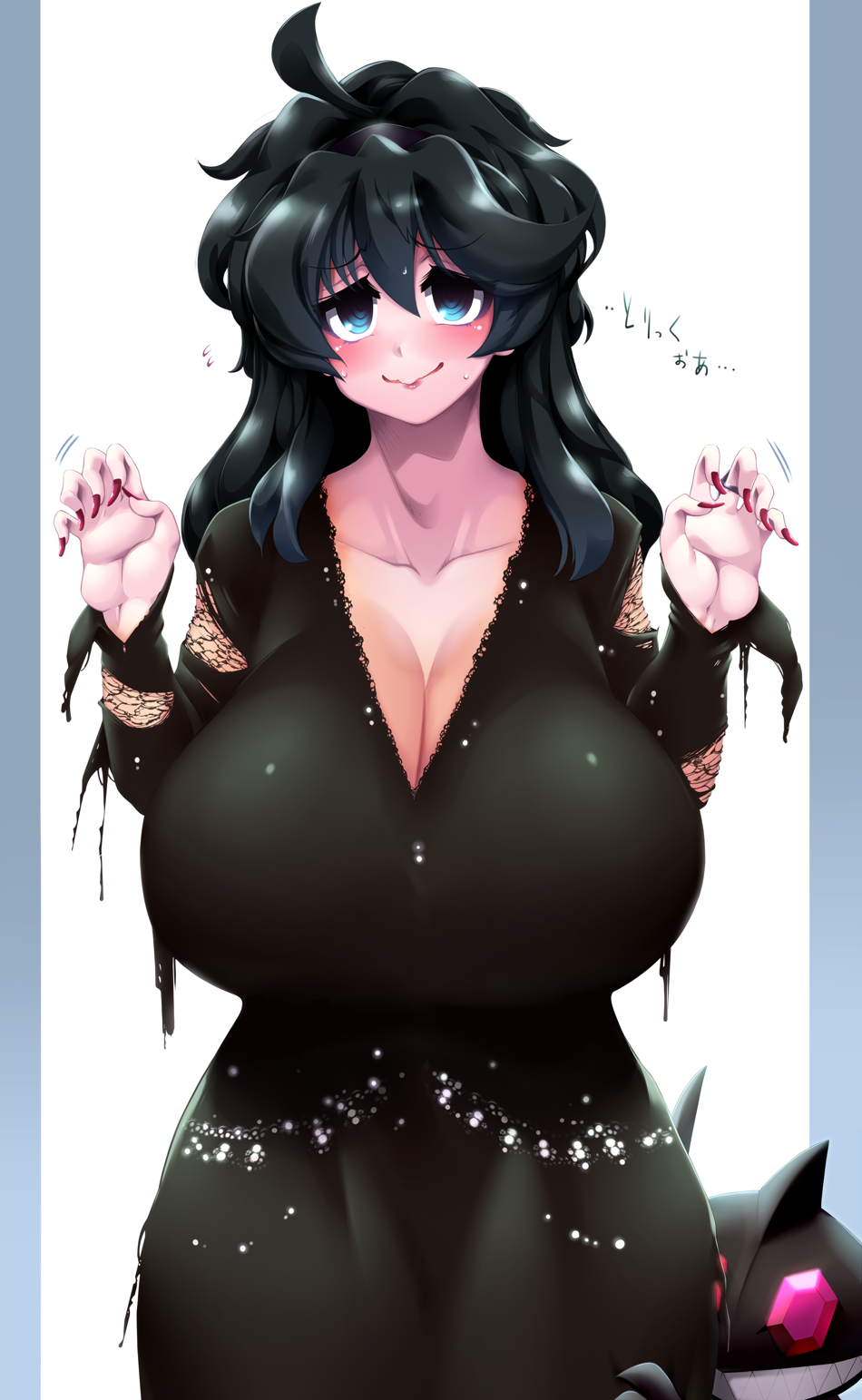 1girl breasts cleavage cosplay dress hex_maniac_(pokemon) highres huge_breasts nintendo pokemon pokemon_xy purple_eyes tagme tokyo_(great_akuta)