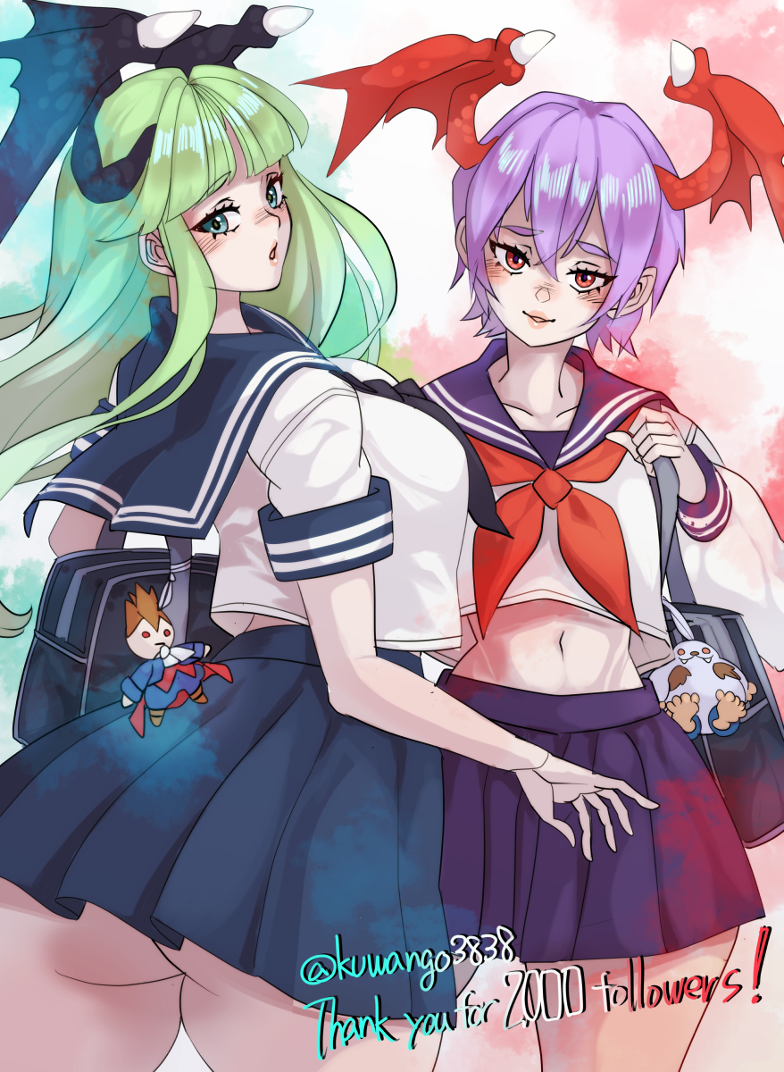2girls ass breasts darkstalkers demitri_maximoff demon_girl english_text green_eyes green_hair head_wings highres huge_ass kuwango large_breasts lilith_(darkstalkers) long_hair looking_at_viewer looking_back midriff morrigan_aensland multiple_girls navel parted_lips purple_hair red_eyes sailor_collar sasquatch_(darkstalkers) school_uniform shirt short_hair sideboob smile white_shirt wings