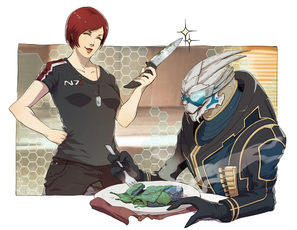 alien commander_shepard commander_shepard_(female) couple food fork garrus_vakarian hand_on_own_hip image_sample knife mass_effect_(series) pixiv pixiv_sample smile turian wei