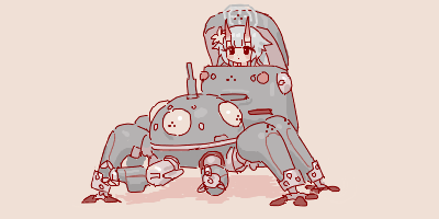1girl black_eyes blue_archive blue_hair blush chise_(blue_archive) closed_mouth crossover driving expressionless flower ghost_in_the_shell hair_flaps hair_flower hair_ornament halo horns long_hair lowres maibotsumou mecha oekaki robot simple_background solo spider_tank tachikoma tegaki_draw_and_tweet white_flower