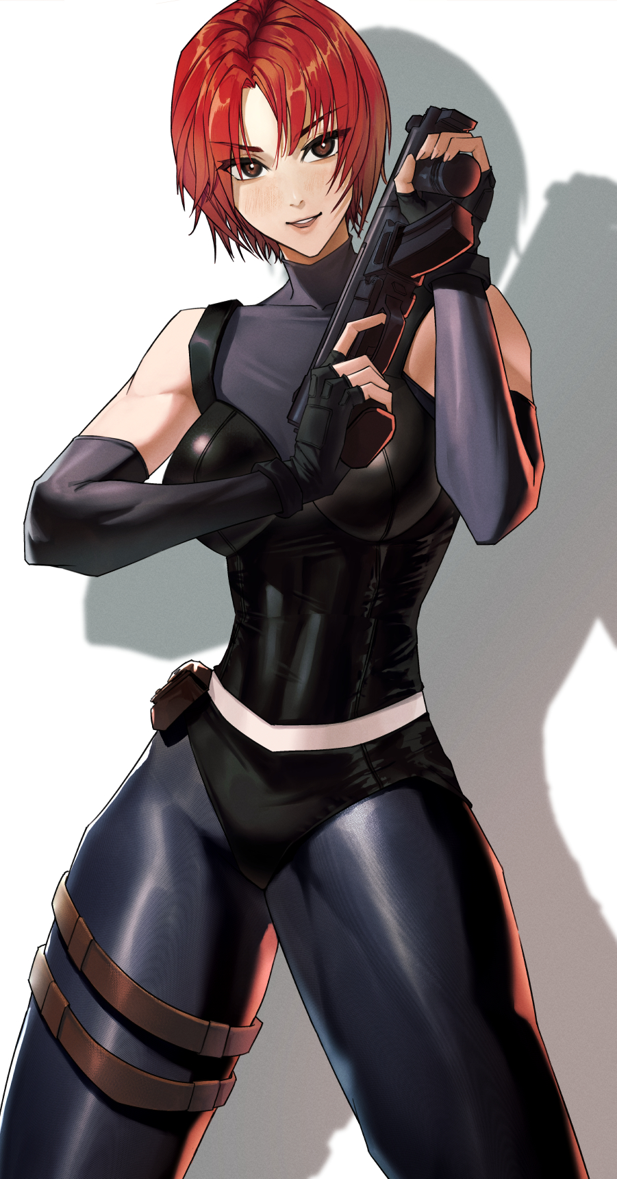 1girl black_gloves black_leotard bodysuit breasts brown_eyes dino_crisis elbow_gloves fingerless_gloves gloves grey_bodysuit gun highres holding holding_gun holding_weapon leotard looking_at_viewer madoro_q open_mouth red_hair regina_(dino_crisis) shadow short_hair skin_tight smile solo spandex turtleneck turtleneck_bodysuit weapon white_background