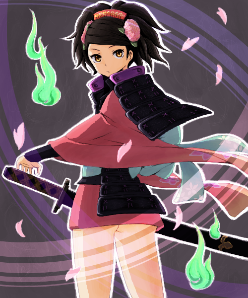 1girl armor ass bad_source black_hair brown_eyes closed_mouth flower hair_flower hair_ornament japanese_armor japanese_clothes katana kimono looking_at_viewer medium_hair momohime oboro_muramasa runaru sheath sheathed short_kimono shoulder_armor skirt solo sword weapon