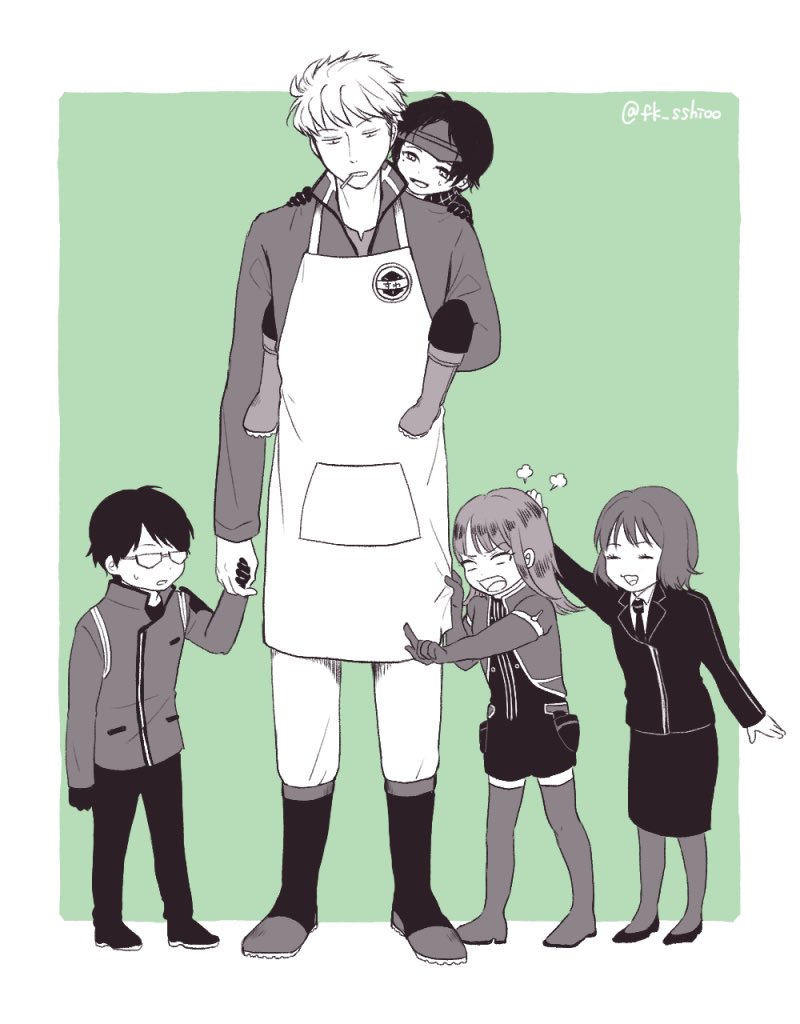 2girls 3boys ^_^ aged_down angry apron arm_up badge blank_eyes bob_cut boots border_operator_uniform_(world_trigger) carrying child cigarette closed_eyes clothes_grab cropped_jacket elbow_gloves fighting flipped_hair full_body fume glasses gloves green_background hand_on_another&#039;s_head hand_up headpat holding_hands ikoma_squad&#039;s_uniform katori_squad&#039;s_uniform katori_youko knee_boots long_sleeves looking_at_viewer looking_away looking_down medium_hair mikumo_osamu mikumo_squad&#039;s_uniform mole mole_under_eye monochrome mouth_hold multiple_boys multiple_girls oki_kouji opaque_glasses open_mouth outside_border pants pants_tucked_in pantyhose pencil_skirt piggyback shio_(fk_sshioo) shoes short_hair short_jumpsuit skirt standing suwa_koutarou suwa_squad&#039;s_uniform sweatdrop swept_bangs teacher_and_student thigh_boots twitter_username ui_madoka visor_cap world_trigger