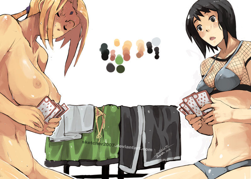 10s 2010 2girls black_hair blonde_hair blush bra breasts card color_guide completely_nude dated faustsketcher grey_bra grey_panties holding holding_card huge_breasts lingerie mature_female multiple_girls naruto naruto_(series) navel nipples nude panties shizune_(naruto) short_hair strip_game strip_poker sweat tsunade_(naruto) underwear underwear_only watermark web_address
