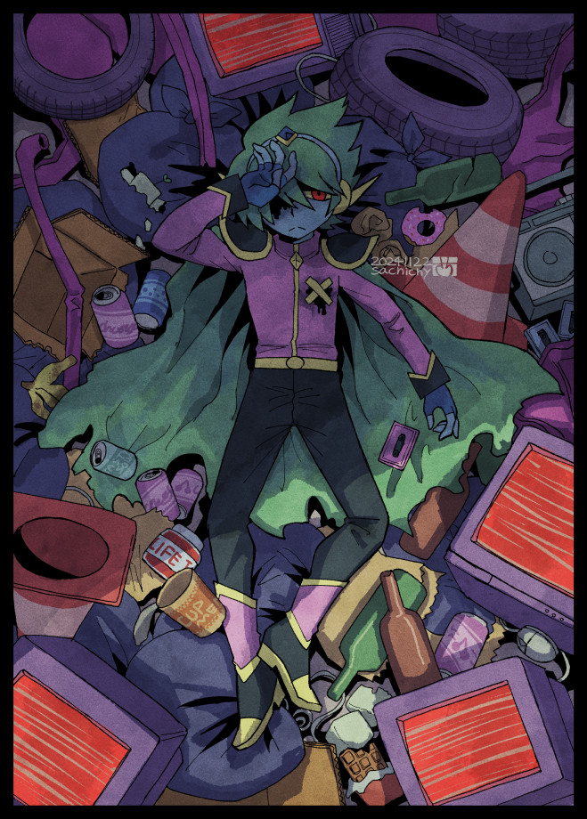 1boy aizawa_sachi arm_up artist_name blue_gloves blue_skin cape captain_spaceboy cassette_tape colored_sclera colored_skin dated donut fingerless_gloves food gloves green_cape green_hair long_sleeves male_focus omori red_eyes short_hair solo traffic_cone unused_tire yellow_sclera