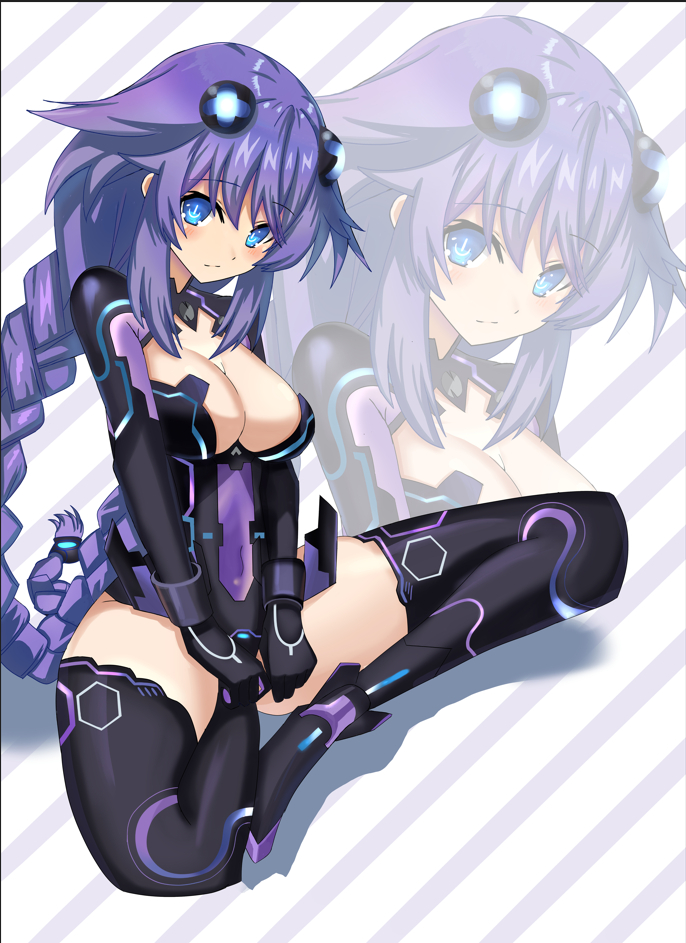 1girl blue_eyes blush braid breasts cleavage cleavage_cutout clothing_cutout hair_ornament headgear leotard long_hair medium_breasts neon_trim neptune_(neptunia) neptune_(series) power_symbol power_symbol-shaped_pupils purple_hair purple_heart_(neptunia) symbol-shaped_pupils twin_braids very_long_hair xdlloyd091x