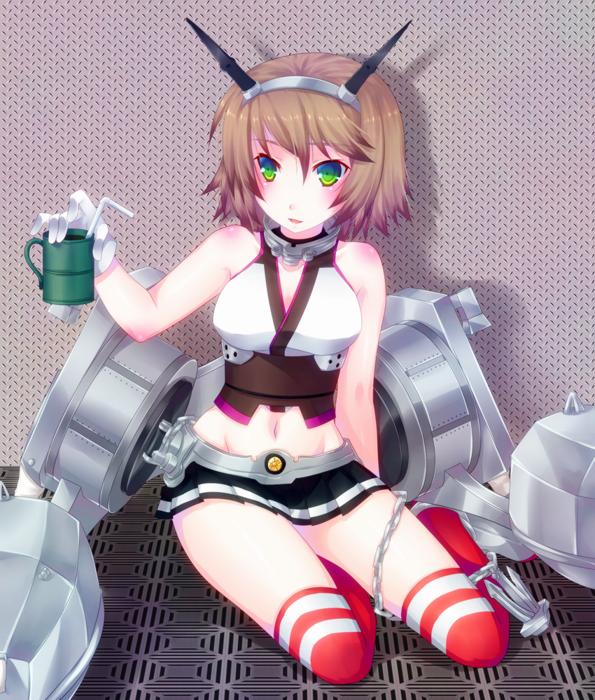 10s 1girl anchor arm_support bad_id bad_pixiv_id brown_hair chain door_to_heaven drinking_straw female_focus gloves green_eyes groin hairband kantai_collection machinery midriff mutsu_(kancolle) navel open_mouth short_hair sitting solo yokozuwari