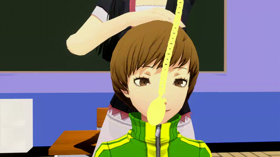 20s 2girls 3d amagi_yukiko animated animated_gif atlus black_eyes black_hair black_shirt blinking breasts brown_eyes brown_hair chair chalkboard changing_channels channel classroom collarbone desk female_focus green_jacket hairband hand_on_another&#039;s_head happy holding holding_pocket_watch holding_watch hypnosis indoors interior interlocked_fingers jacket jewelry long_hair long_sleeves looking_at_viewer looping_animation matching_hair/eyes megami_tensei mind_control multiple_girls necklace open_mouth pendulum persona persona_4 persona_4:_dancing_all_night persona_dancing pocket_watch rolling_eyes satonaka_chie school self_hypnosis shelf shin_megami_tensei shirt short_hair short_sleeves sitting skirt sleeping sleepy small_breasts smile snapping_fingers source_filmmaker_(medium) standing swinging television trigger viewfinder vynil watch watching white_skirt