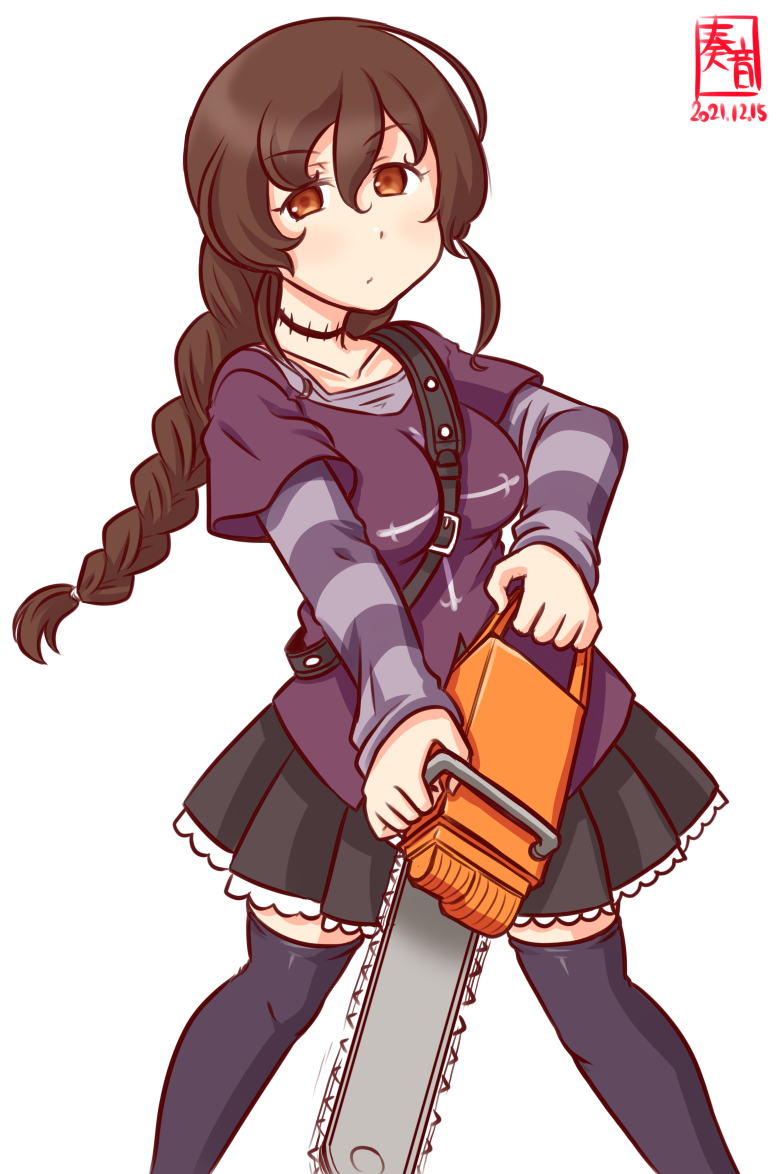 1girl alternate_costume artist_logo black_skirt black_thighhighs brown_hair chainsaw collarbone cosplay dated frederica_sawyer frederica_sawyer_(cosplay) hair_between_eyes holding holding_chainsaw kanon_(kurogane_knights) kantai_collection layered_sleeves logo long_hair long_sleeves looking_at_viewer one-hour_drawing_challenge orange_eyes pleated_skirt pun purple_shirt scar scar_on_neck shirt short_over_long_sleeves short_sleeves simple_background skirt solo souya_(kancolle) striped_sleeves thighhighs white_background zettai_ryouiki