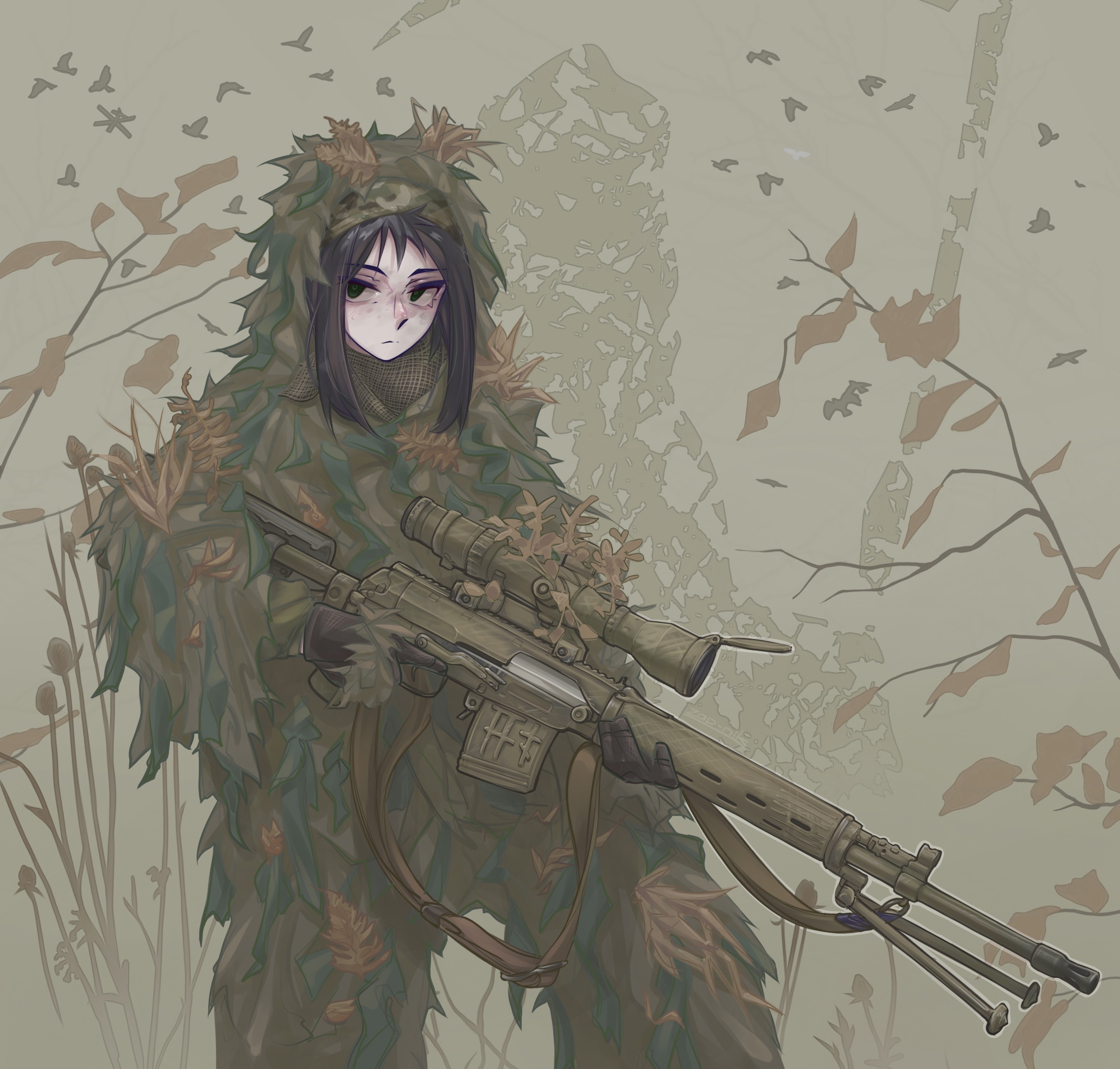 1girl belt bipod bird black_hair brown_gloves closed_mouth commentary cowboy_shot dragunov_svd expressionless freckles ghillie_suit gloves green_eyes gun gunbelt highres holding holding_gun holding_weapon original rifle russian_commentary scope simple_bird sniper_rifle solo trigger_discipline vegetation weapon zap-nik