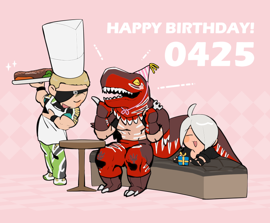 1girl 2boys ahoge angel_(kof) blonde_hair blush_stickers chef_hat chibi dated dinosaur_boy dinosaur_costume english_text eyepatch closed_eyes food fork hat holding holding_fork holding_plate king_of_dinosaurs knife mexico multiple_boys muscular muscular_male party_hat plate ramon_(kof) smile snk steak the_king_of_fighters the_king_of_fighters_xiv white_hair yaka_(kk1177)