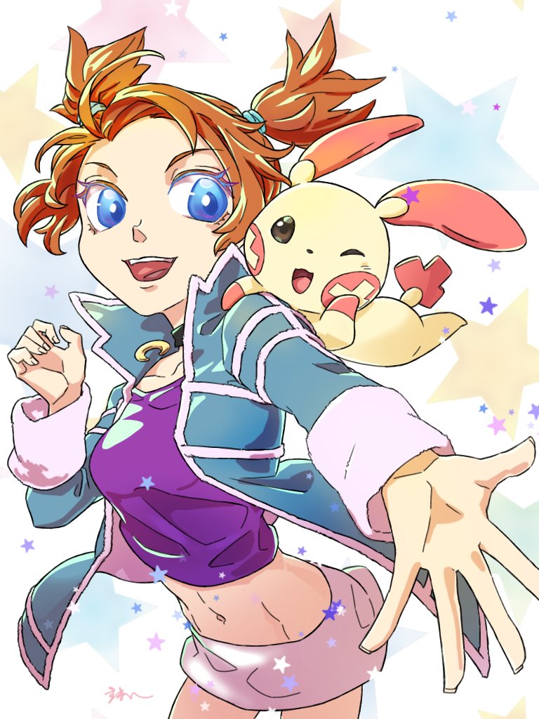 1girl abs blue_eyes collar gen_3_pokemon jacket miniskirt navel nintendo one_eye_closed orange_hair plusle pokemon pokemon_colosseum rui_(pokemon) skirt sumai_(sumaizumai) twintails wink