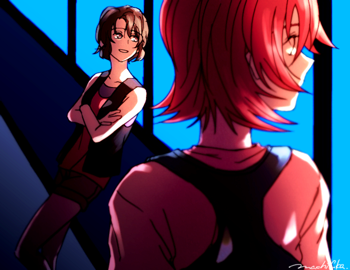 10s 2girls brown_eyes brown_hair canon_memphis collarbone crossed_arms hallway indoors kaname_sakura looking_outside machi_fuka multiple_girls overalls red_hair short_hair short_sleeves shorts signature smile soukyuu_no_fafner vest window