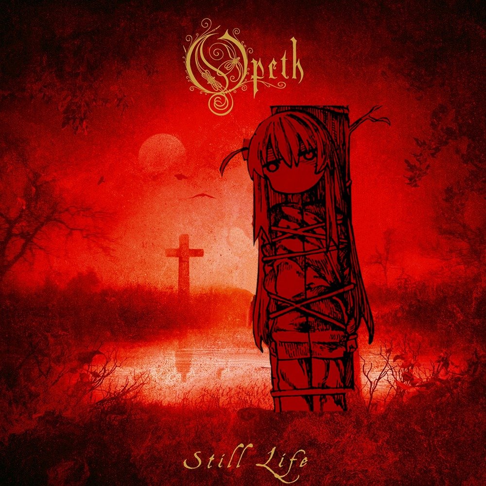 1girl album_cover album_cover_redraw bird bocchi_the_rock! cover cross derivative_work gotoh_hitori gym_uniform lake log long_hair moon opeth_(band) red_sky sky solo tied_to_stake tree