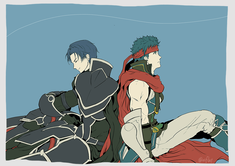 2boys armor back-to-back black_armor blue_hair cape closed_eyes eifilet fire_emblem fire_emblem:_radiant_dawn headband ike_(fire_emblem) light_smile male_focus multiple_boys muscular muscular_male nintendo on_floor red_cape red_headband short_hair simple_background sitting sleeveless spoilers twitter_username white_trim zelgius_(fire_emblem)