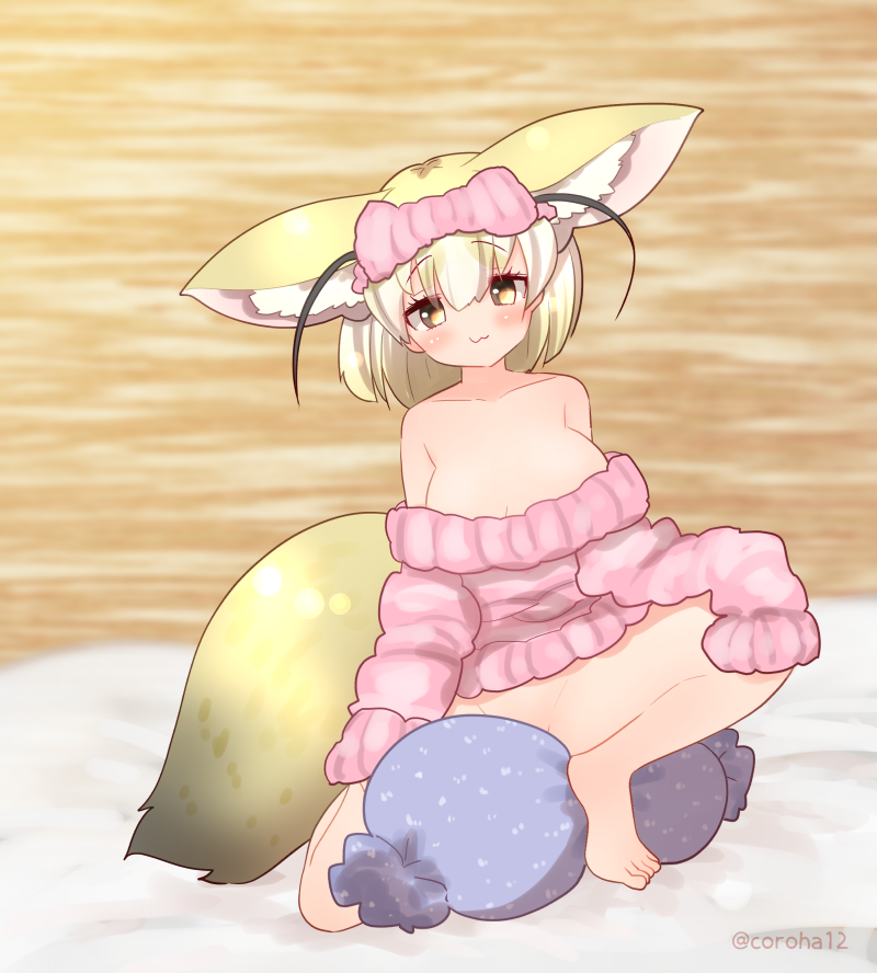 1girl animal_ears bare_shoulders blonde_hair blue_pillow blush coroha extra_ears fennec_(kemono_friends) fox_ears fox_girl fox_tail full_body hairband indoors kemono_friends looking_at_viewer on_bed pajamas pillow pink_hairband pink_pajamas short_hair solo tail yellow_eyes