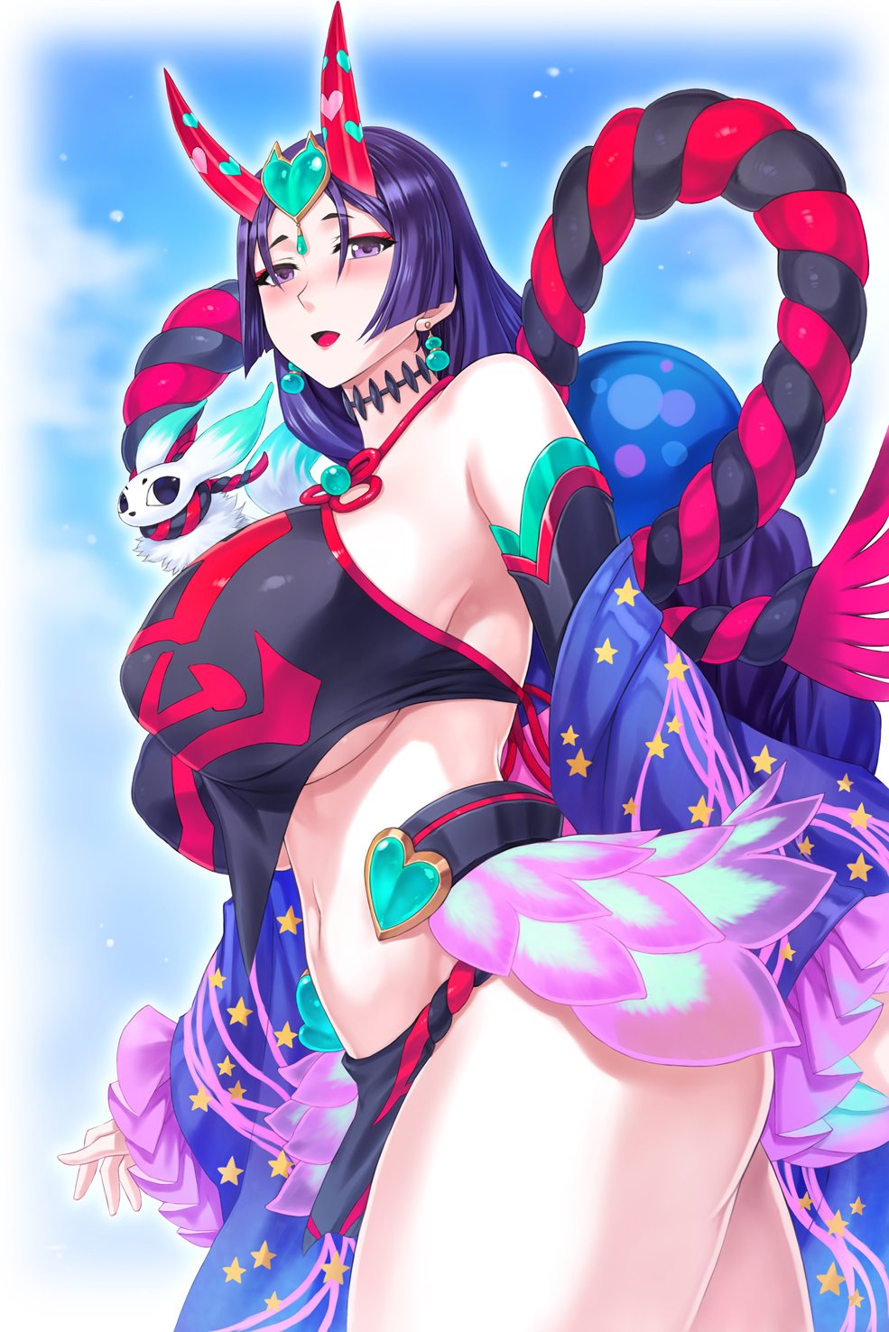 1girl bare_shoulders black_fundoshi blush breasts chinese_clothes cosplay curvy dudou fate/grand_order fate_(series) from_side fundoshi headpiece highres horns huge_breasts japanese_clothes long_hair minamoto_no_raikou_(fate) mogudan parted_bangs purple_eyes purple_hair revealing_clothes shuten_douji_(fate) shuten_douji_(fate/grand_order) shuten_douji_(halloween_caster)_(fate) shuten_douji_(halloween_caster)_(fate)_(cosplay) skin-covered_horns very_long_hair