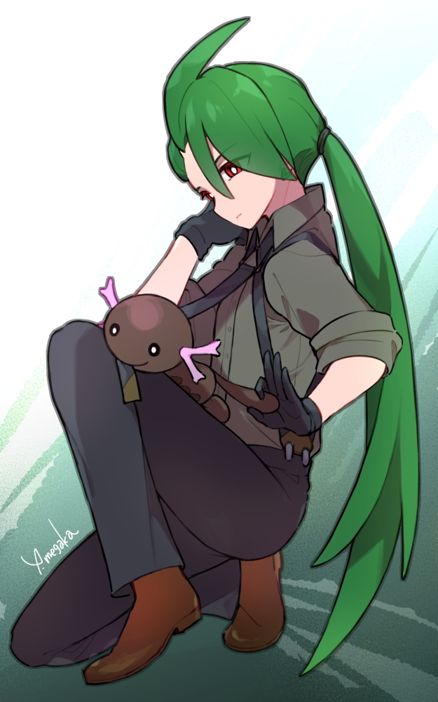 1girl black_eyes black_pants brown_shoes creatures_(company) game_freak green_hair grey_shirt knees long_hair nintendo overalls paldean_wooper pants pokemon pokemon_sv ponytail red_eyes rika_(pokemon) shirt shoes signature yui_megaka