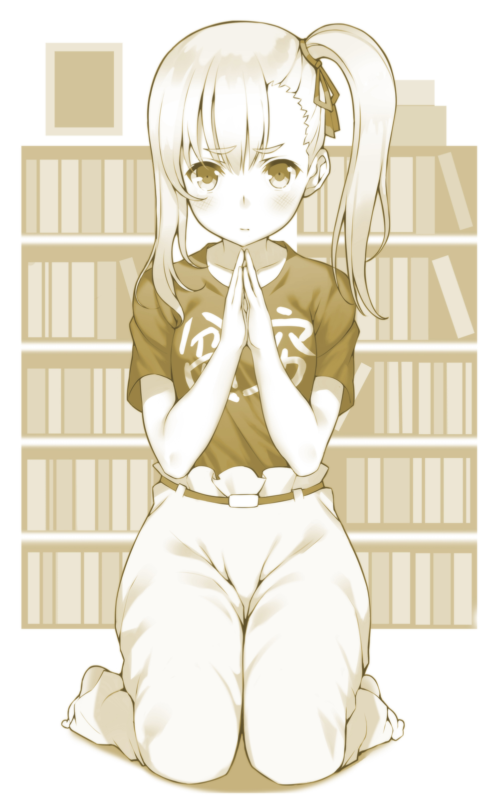 1girl :/ anzu_(hinamatsuri) barefoot belt black_shirt closed_mouth clothes_writing female_focus full_body furrowed_brow hair_ribbon highres hinamatsuri_(manga) kazuzu kneeling looking_at_viewer monochrome own_hands_together pants ribbon shirt short_sleeves side_ponytail solo tears thick_eyebrows