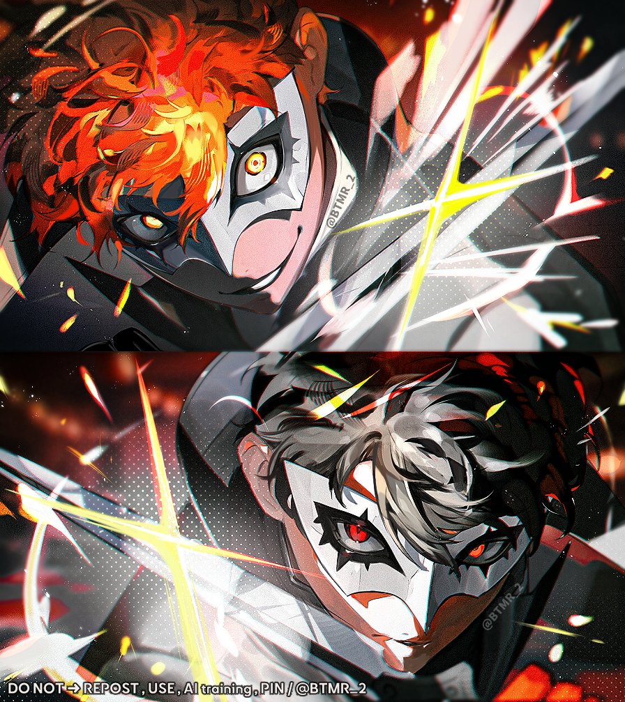 2boys amamiya_ren black_coat black_gloves black_hair btmr_game coat commentary dagger english_commentary gloves grin hair_between_eyes holding holding_dagger holding_knife holding_weapon joker_(persona_5) knife male_focus multiple_boys persona persona_5 persona_5_scramble:_the_phantom_strikers red_eyes red_gloves red_hair smile sparkle twitter_username upper_body weapon white_mask yellow_eyes