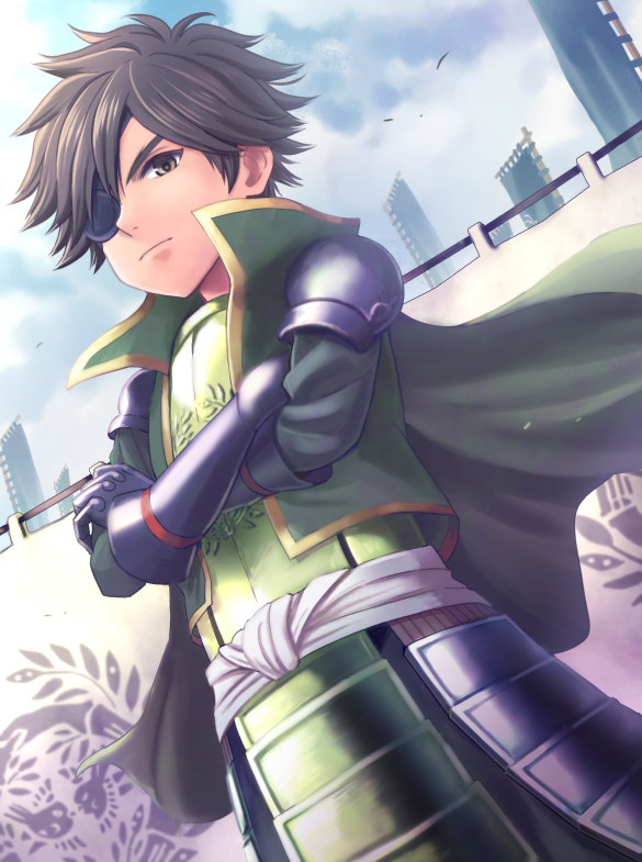 armor banner brown_hair coat crossed_arms date_masamune eyepatch kajiwara_io male_focus sengoku_musou swept_bangs