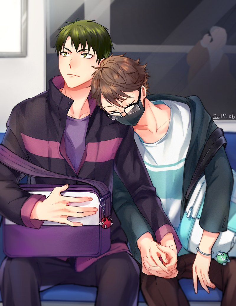2boys bag brown_hair chen_(1717) glasses haikyuu!! head_on_another&#039;s_shoulder holding_hands jacket leaning_on_person long_sleeves mask mouth_mask multiple_boys oikawa_tooru_(haikyuu!!) pants shirt short_hair sitting sleeping sleeping_upright subway surgical_mask ushijima_wakatoshi yaoi