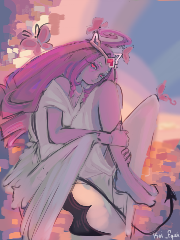 1girl abyssnotch angel angel_wings barefoot colored_skin cookie_run cookie_run:_kingdom dress eternal_sugar_cookie halo long_hair looking_at_viewer pink_eyes pink_hair pink_skin solo tail very_long_hair white_dress wing_eyes wings