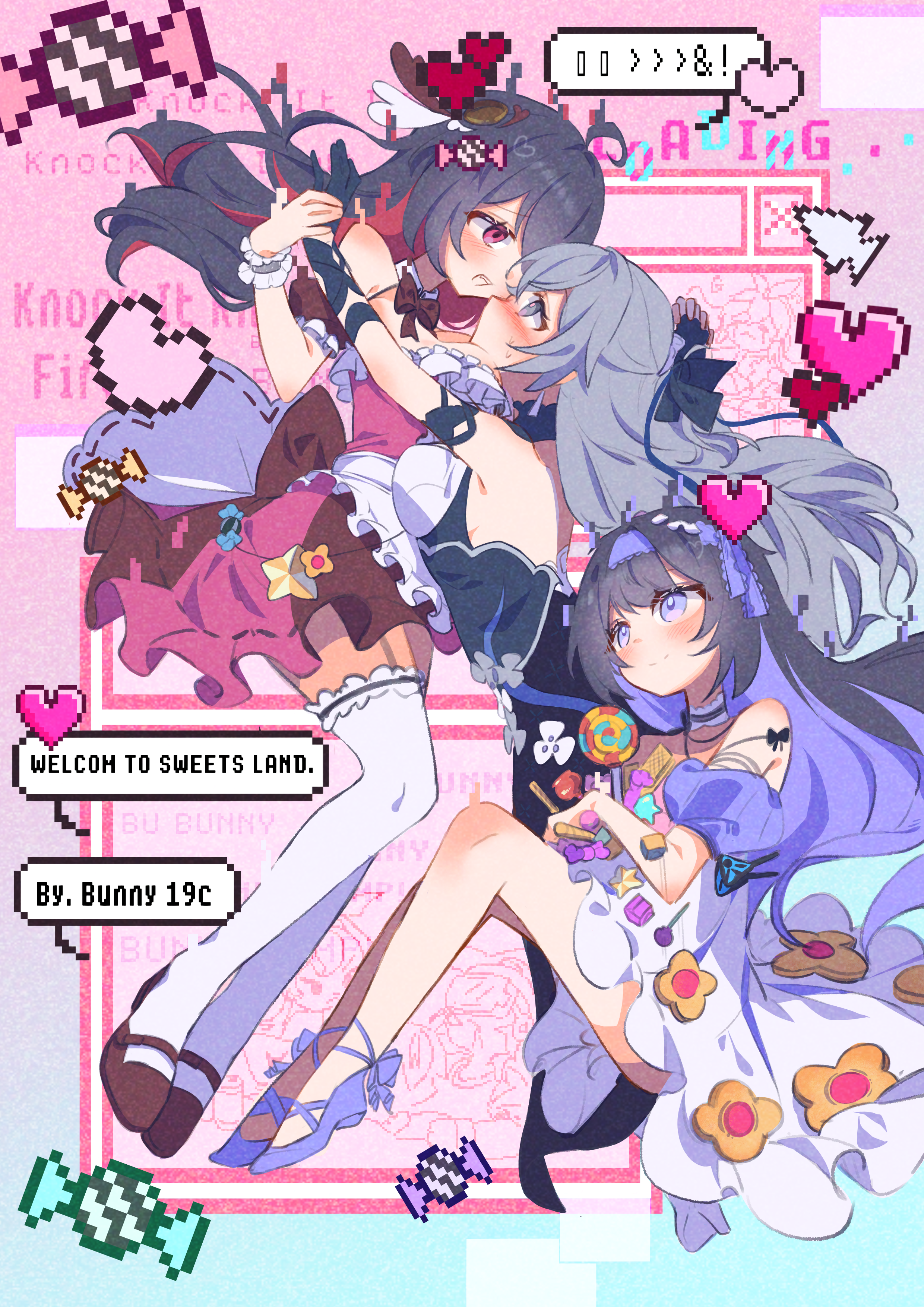 3girls absurdres ahoge apron black_gloves black_hair black_ribbon blue_eyes blue_ribbon blue_shoes blush bronya_zaychik candy commentary computer_mouse dress english_commentary english_text floating_hair food full_body gloves grey_hair hair_ribbon heart highres honkai_(series) honkai_impact_3rd lollipop long_hair maid multicolored_hair multiple_girls pic_p_p pixel_heart red_dress red_eyes red_hair red_shoes ribbon seele_(alter_ego) seele_vollerei seele_vollerei_(herrscher_of_rebirth) seele_vollerei_(starchasm_nyx) shoes sitting speech_bubble thighhighs two-tone_hair very_long_hair white_apron white_day white_thighhighs yuri
