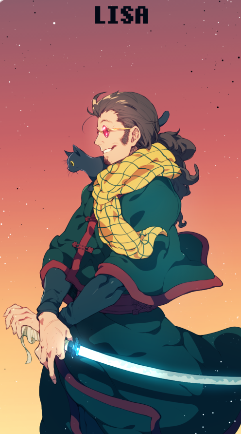 1boy beard black_cat brown_hair cat copyright_name facial_hair kat_(lisa) lisa_(series) lisa_the_painful long_hair male_focus norasame_(dagako) ponytail scarf sideburns smile sunglasses sword weapon yazan_barghouti