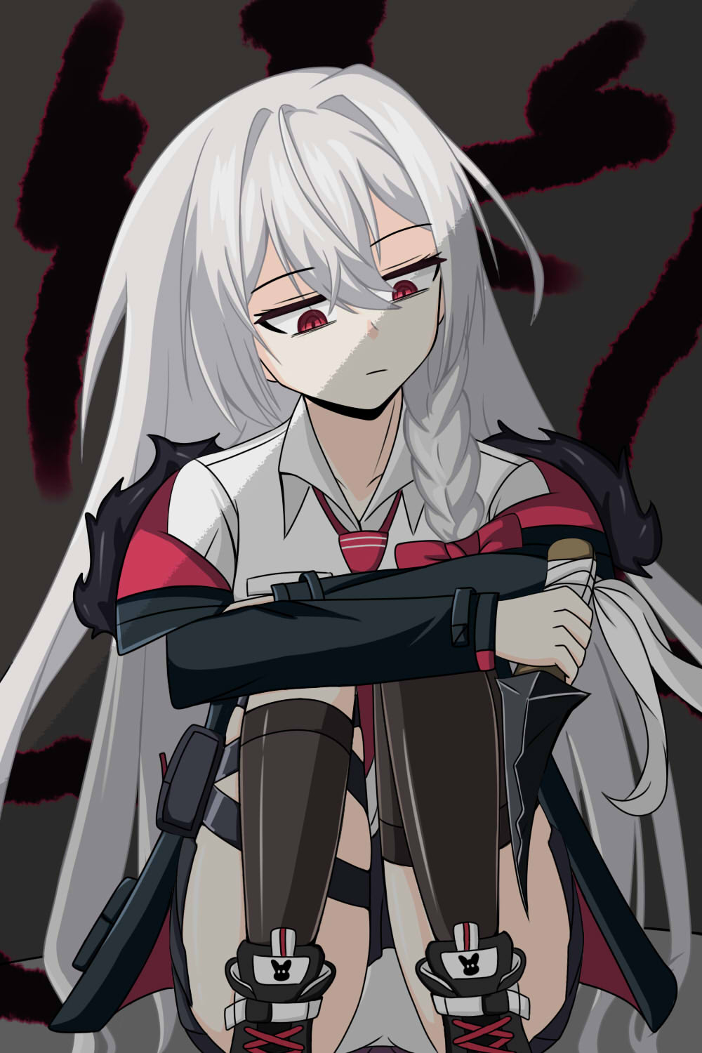 braid counter:side curled_up dagger gloom_(expression) highres knife orca_(counter:side) panties pantyshot red_eyes underwear weapon white_hair