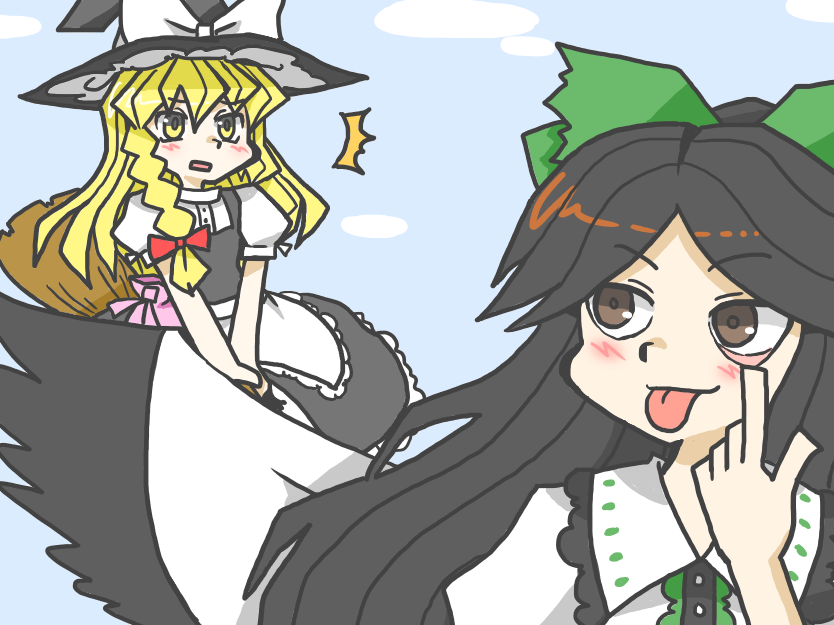 2girls :p akanbe apron black_hair black_hat black_skirt black_vest blonde_hair blush bow braid broom broom_riding brown_eyes bseibutsu cape closed_mouth cloud collared_shirt commentary cookie_(touhou) english_commentary eyelid_pull frilled_apron frilled_hat frilled_shirt_collar frilled_skirt frills green_bow hair_bow hat kirisame_marisa long_hair looking_at_another multiple_girls nadeko_(cookie) open_mouth puffy_short_sleeves puffy_sleeves red_bow reiuji_utsuho shirt short_sleeves side_braid single_braid skirt skirt_set smile tongue tongue_out touhou turtleneck turtleneck_shirt upper_body uzuki_(cookie) vest white_apron white_cape white_shirt witch_hat yellow_eyes