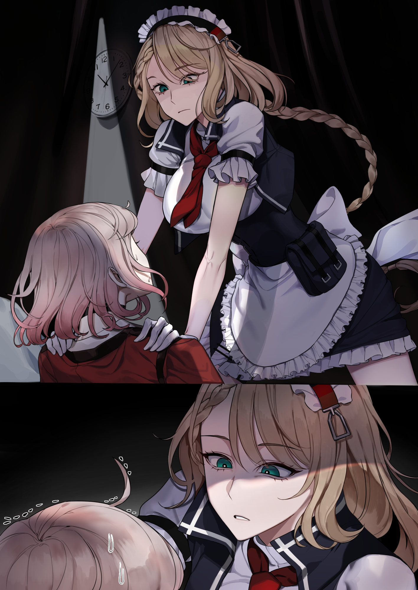 2girls apron aqua_eyes black_choker blonde_hair braid braided_ponytail breasts brown_hair choker closed_mouth commission dial g36_(girls'_frontline) gentiane_(girls'_frontline) girls'_frontline gloves griffin_&_kryuger_military_uniform highres jacket kuuky long_hair looking_at_another lying maid maid_apron maid_headdress medium_breasts medium_hair multicolored_hair multiple_girls necktie on_back open_mouth parted_lips pink_hair red_jacket red_necktie shirt short_sleeves side_ponytail sitting sitting_on_person streaked_hair white_apron white_gloves white_shirt yuri