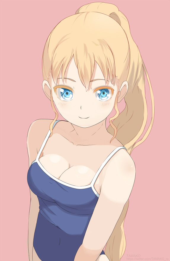 1girl asobi_asobase bad_id bad_twitter_id bare_arms bare_shoulders blonde_hair blue_eyes blue_one-piece_swimsuit breasts cleavage collarbone colored_eyelashes commentary_request covered_navel long_hair medium_breasts olivia_(asobi_asobase) one-piece_swimsuit pink_background ponytail school_swimsuit sidelocks simple_background solo swimsuit tamakorogashi very_long_hair