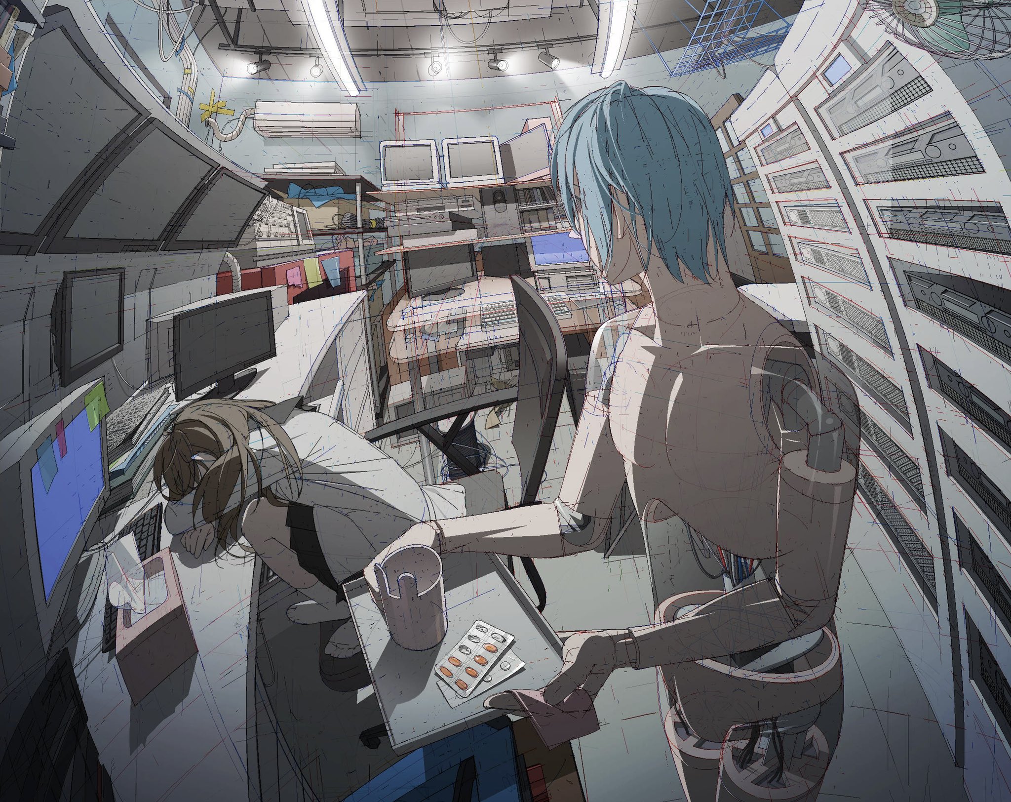 1boy 1girl air_conditioner android black_skirt blister_pack blue_hair brown_hair cable chair coat commentary completely_nude computer crt cup desk english_commentary fisheye fluorescent_lamp head_down head_on_table highres holding holding_tray indoors joints lab_coat laboratory looking_at_another mechabare microsoft_paint_(medium) monitor mug no_genitals nude office_chair on_chair original robot_joints see-through_body server shelf short_hair sitting skirt sleeping standing swivel_chair tile_floor tiles tissue_box tkwkai tray white_coat