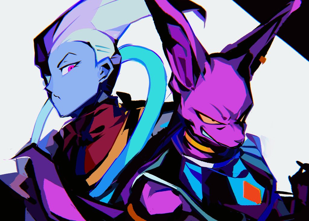 2boys 9ta500 ancient_egyptian_clothes animal_ears beerus blue_skin cat_ears colored_sclera colored_skin dragon_ball dragon_ball_super earrings halo jewelry looking_down multiple_boys pink_eyes purple_eyes purple_skin robe sneer tail whis white_background white_hair yellow_sclera