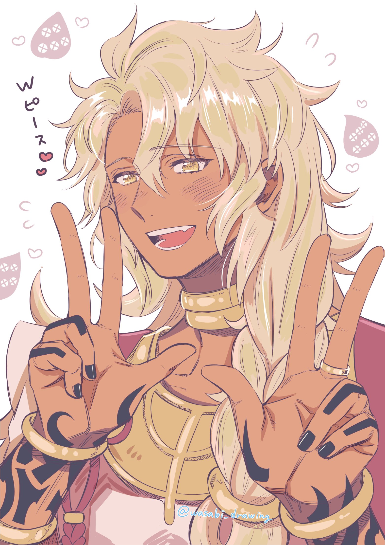 1boy :d arm_tattoo artist_name black_nails blonde_hair blush bracelet braid dark-skinned_male dark_skin demon_pillar_(fate) double_w fang fate/grand_order fate_(series) flying_sweatdrops gold_bracelet hair_over_shoulder hands_up heart highres jewelry long_hair looking_at_viewer male_focus neck_ring open_mouth ring simple_background single_braid smile solo solomon_(fate) tattoo twitter_username upper_body w wasabi_(lxxxe) white_background yellow_eyes